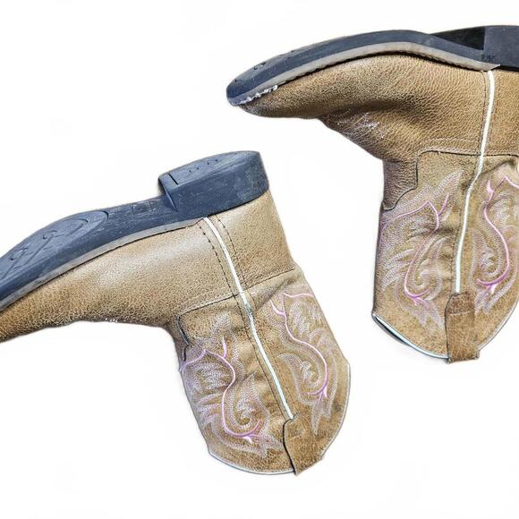 Brown Leather Western Cowboy Boots with Pink Embroidery - Picture 2 of 4